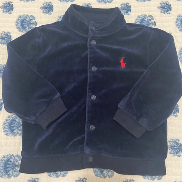 Ralph Lauren Navy Velour Button-Up Infant Jacket Size 9 Months - Picture 1 of 7
